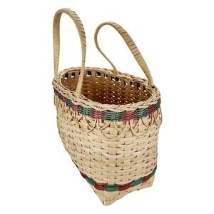 Handwoven Wooden Basket With Handles And Strips Of Red & Green Accents Vintage